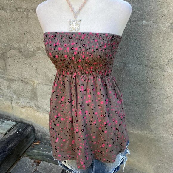 Pink and Brown Floral Strapless Babydoll Top - Picture 2 of 7